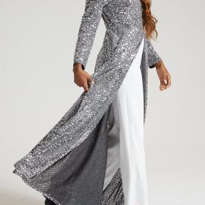 Plain V Neck Casual Jumpsuit, JustFashionNow Jumpsuits＆Rompers, color:Silver|size:XXL,