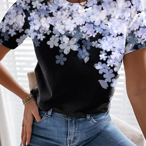 JFN Crew Neck Floral Casual T-Shirt/Tee, T-Shirts, color:Aqua blue|size:XXL, JustFashionNow
