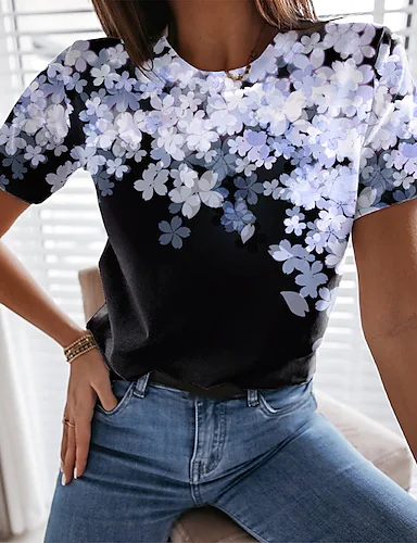 JFN Crew Neck Floral Casual T-Shirt/Tee, T-Shirts, color:Aqua blue|size:XXL, JustFashionNow