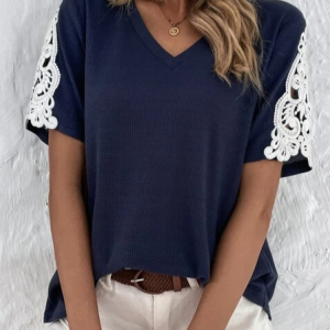 Lace Casual V Neck Knitted T-Shirt, T-Shirts, color:Dark Blue|size:XXL, JustFashionNow