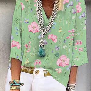 JFN V Neck Holiday Flower Floral Loose Vacation Casual Top T-shirt/Tee, Shirts & Blouses, color:Green|size:XXL, JustFashionNow