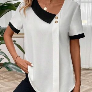 Casual Asymmetrical Color Block Loose Shirt, Blouses & Shirts, Roselinlin - Online Catalog