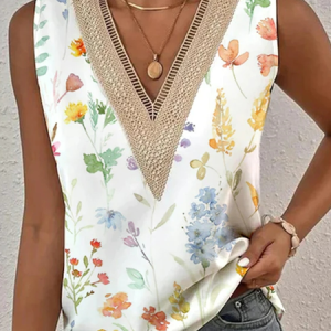 V Neck Casual Loose Floral Tank Top, Tanks & Camis, color:White|size:XXL, JustFashionNow