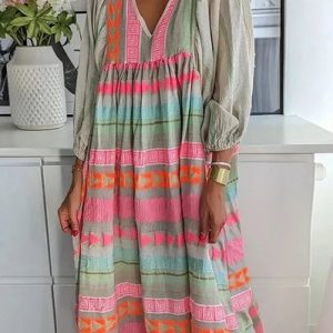 JFN Cotton & Linen Geometric Color Block Printed A-line Midi Dress, Dresses, color:Red|size:L, JustFashionNow