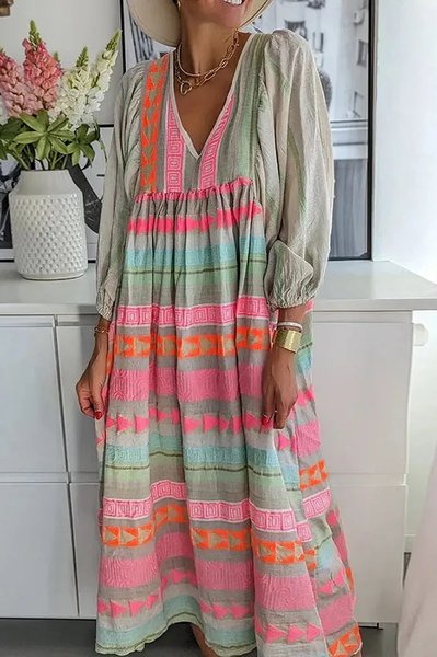 JFN Cotton & Linen Geometric Color Block Printed A-line Midi Dress, Dresses, color:Red|size:L, JustFashionNow