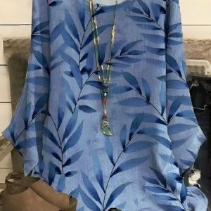 Cotton hemp leaf printed holiday blouse Plus Size, Shirts & Blouses, color:Blue|size:XXL, JustFashionNow