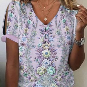 Summer Floral Casual Loose T-Shirt, T-Shirts, color:lavender|size:XXL, JustFashionNow