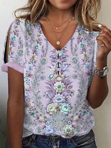 Summer Floral Casual Loose T-Shirt, T-Shirts, color:lavender|size:XXL, JustFashionNow