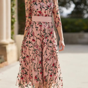 Crew Neck Floral Elegant Regular Fit Dress, Dresses, color:Pink|size:XXL, JustFashionNow
