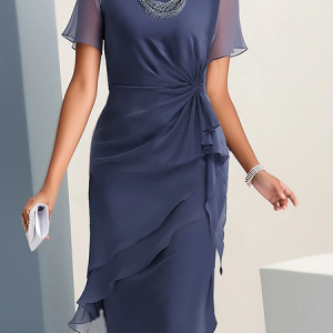 Elegant Crew Neck Plain Chiffon Dress, JustFashionNow Dresses, color:Dark Blue|size:XXL,