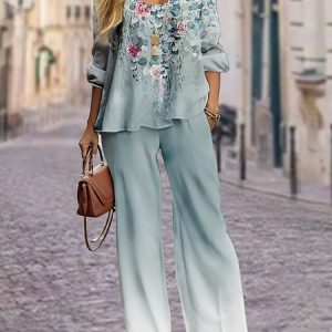 Women Floral Crew Neck Long Sleeve Comfy Casual Top With Pants Two-Piece Set, Jumpsuits&Rompers, color:Green|size:XXL, catalog Noracora shop