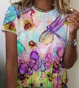Dragonfly Crew Neck Cotton-Blend T-Shirt, T-Shirts, color:Multicolor|size:XXL, JustFashionNow