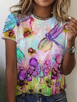 Dragonfly Crew Neck Cotton-Blend T-Shirt, T-Shirts, color:Multicolor|size:XXL, JustFashionNow