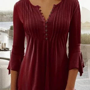 Casual Plain V Neck Top, Shirts & Blouses, color:Wine Red|size:XXL, JustFashionNow