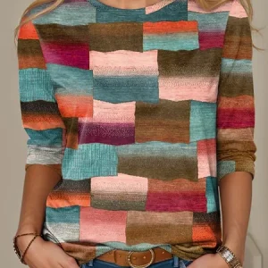 Casual Loose Multicolor Block Crew Neck T-Shirt, JustFashionNow T-Shirts, color:Pink|size:XXL,