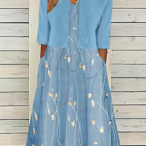 Vacation Loose V Neck Color Block Two-Piece Set, Floral Dresses, color:Blue|size:XXL, JustFashionNow