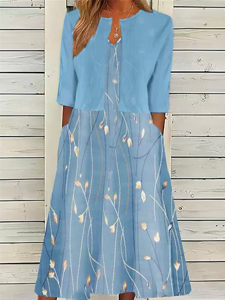 Vacation Loose V Neck Color Block Two-Piece Set, Floral Dresses, color:Blue|size:XXL, JustFashionNow