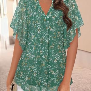 Casual V Neck Floral Loose Shirt, Shirts & Blouses, color:Green|size:XXL, JustFashionNow