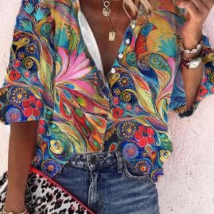 JFN V Neck Abstract Painting Vacation Shirt, Shirts & Blouses, color:Multicolor|size:XXL, JustFashionNow