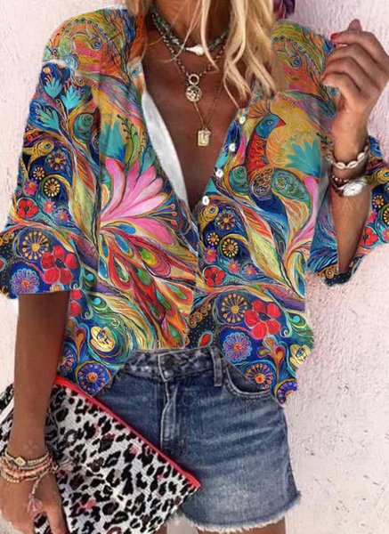 JFN V Neck Abstract Painting Vacation Shirt, Shirts & Blouses, color:Multicolor|size:XXL, JustFashionNow