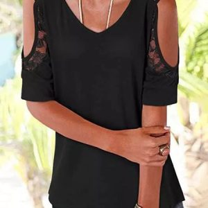 Cotton Blends V Neck Hollow Out Shirts & Tops, T-Shirts, color:Black|size:3XL, JustFashionNow