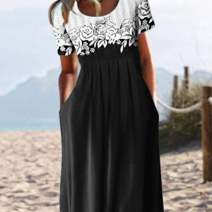 JFN Round Neck Floral Casual Midi Prom Dress, Dresses, color:Black|size:XXL, JustFashionNow