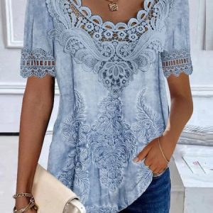 Crew Neck Short Sleeve Ethnic Lace Regular Loose Shirt For Women, Blouses, color:Blue|size:XXL, catalog Noracora shop