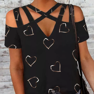 Heart Print Multi-Strap Cold Shoulder Top, T-Shirts, color:Black|size:XXL, JustFashionNow