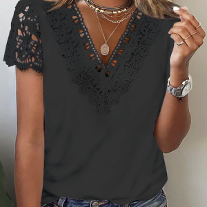 Lace Casual V Neck Loose T-Shirt, T-Shirts, color:Black|size:XXL, JustFashionNow