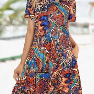 Loose Painting Vacation Dress, Dresses, color:Red|size:XXL, JustFashionNow