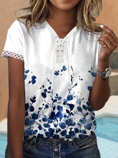 V Neck Casual Floral T-Shirt, T-Shirts, color:White|size:XXL, JustFashionNow