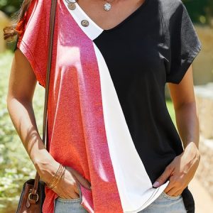 JFN V neck Colorblock Casual Button Loose T-Shirt/Tee, T-Shirts, color:Pink|size:XXL, JustFashionNow