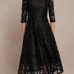 Regular Fit Elegant Crew Neck Lace Dress, Dresses, color:Black|size:XXL, JustFashionNow