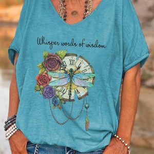 JFN V Neck Dragonfly Flowers Casual Oversized Whisper Words Of Wisdom Print Graphic T-shirt/Tee, T-Shirts, color:Blue|size:XXL, JustFashionNow