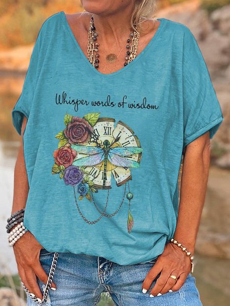 JFN V Neck Dragonfly Flowers Casual Oversized Whisper Words Of Wisdom Print Graphic T-shirt/Tee, T-Shirts, color:Blue|size:XXL, JustFashionNow
