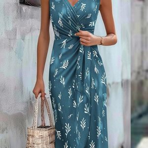 Cross V Neck Elegant Floral Dress, Dresses, color:Blue|size:XXL, JustFashionNow