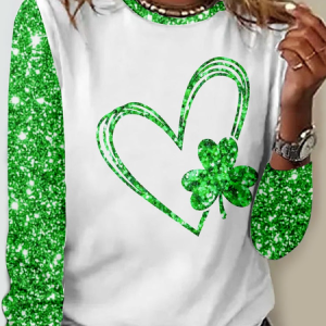 Women's St. Patrick's Day Green Funny Shamrock Printing Plants Casual Crew Neck Shirt, T-Shirts, color:As Picture|size:3XL, JustFashionNow
