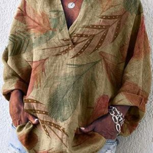Leaf Loose V Neck Casual Tops, Shirts & Blouses, color:Multicolor|size:XXL, JustFashionNow