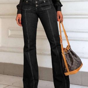 Regular Fit Casual Denim Grommets Pants, Jeans, color:Black|size:XXL, JustFashionNow
