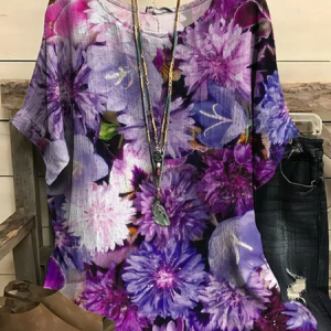 Crew Neck Casual Loose Floral Shirt, Blouses & Shirts, Roselinlin - Online Catalog