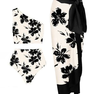Vacation Floral Printing One Shoulder Bikini With Cover Up, swimwear>>Tankinis, color:Black-white|size:XXL, JustFashionNow