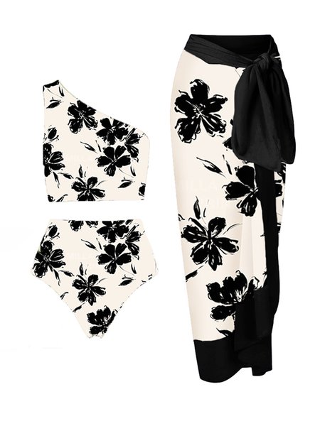 Vacation Floral Printing One Shoulder Bikini With Cover Up, swimwear>>Tankinis, color:Black-white|size:XXL, JustFashionNow