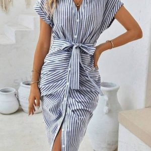 Striped Buttoned Elegant Dress, Dresses, color:Blue|size:XXL, JustFashionNow
