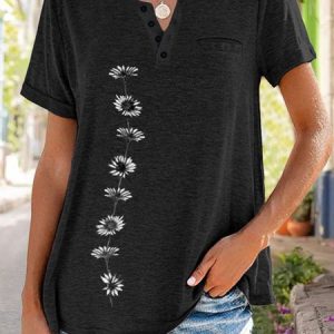 JFN V Neck  Buttoned Casual Floral Pocket Short Sleeve T-Shirt/Tee, T-Shirts, color:Black|size:XXL, JustFashionNow