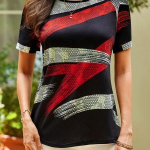 JFN Casual Geometric Crew Neck Tunic Top, T-Shirts, color:Black|size:XXL, JustFashionNow