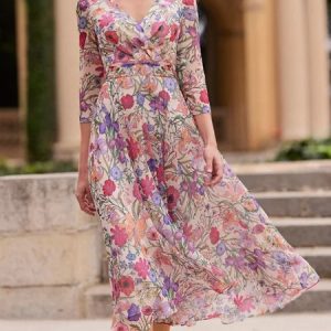 Elegant V Neck Floral Cross Dress, Dresses, color:Pink|size:XXL, JustFashionNow