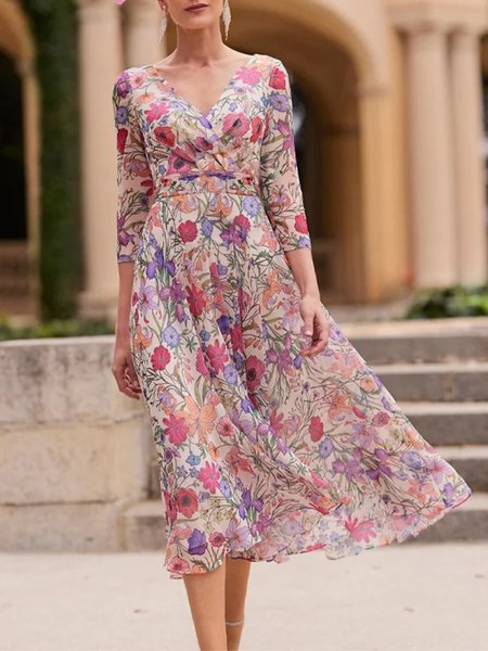 Elegant V Neck Floral Cross Dress, Dresses, color:Pink|size:XXL, JustFashionNow