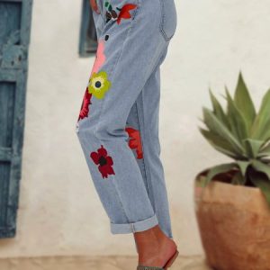 Denim Floral Casual Jeans, Pants, color:Gray|size:XXL, JustFashionNow