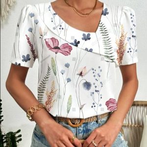 Casual Asymmetrical Collar Floral Shirt, Shirts & Blouses, color:Pink|size:XXL, JustFashionNow