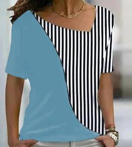 JFN Asymmetrical Neck Striped Color Block Basic Casual Cotton-Blend T-Shirt/Tee, T-Shirts, color:Blue|size:3XL, JustFashionNow